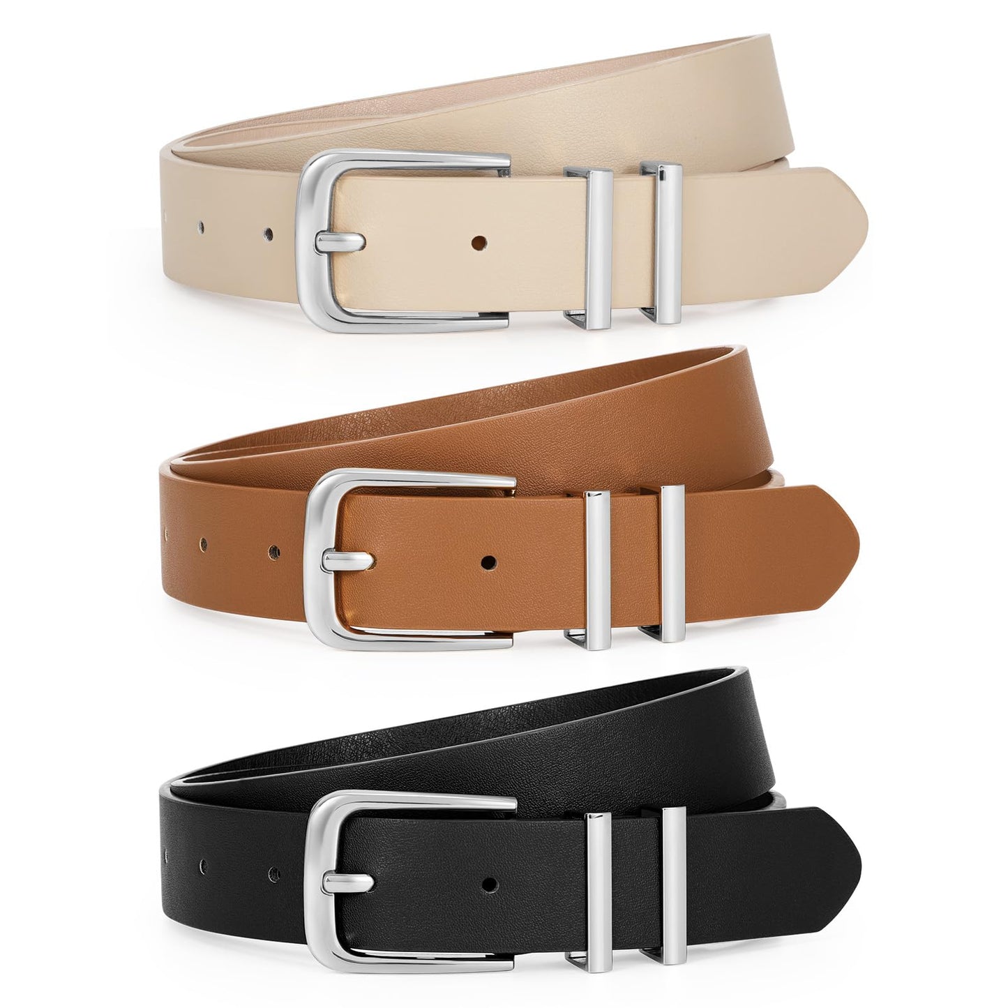 HOTLEACOOLKEY 3 Pack Women's Leather Belts for Jeans Dress Pants Fashion Ladies Leather Belts with Gold Buckle