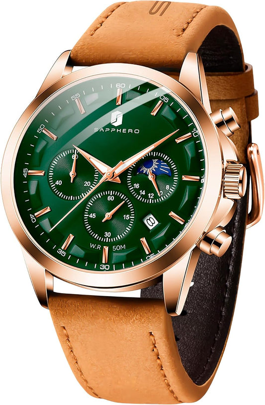 HOTSAPPHERO Chronograph Watches for Men, Original Business Casual Stainless Steel Analog Watch 50M Waterproof Luminous Watches with Date Dial, Mens Gift