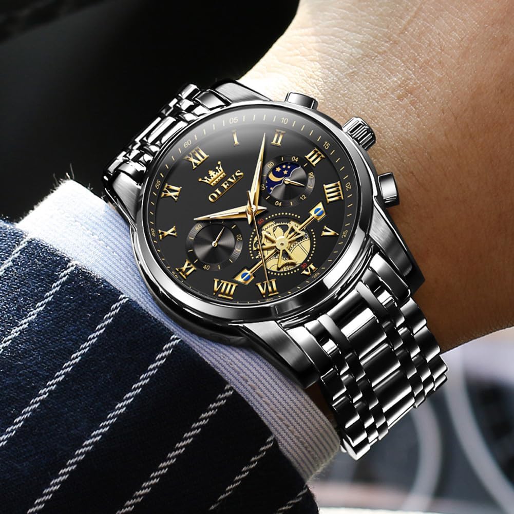 HOTOLEVS Watches for Men with Date Luxury Big Face Waterproof Mens Wristwatch Analog Dress Two Tone Stainless Steel Man Watch Luminous Relojes De Hombre Calendar(Green/Blue/Black Dial