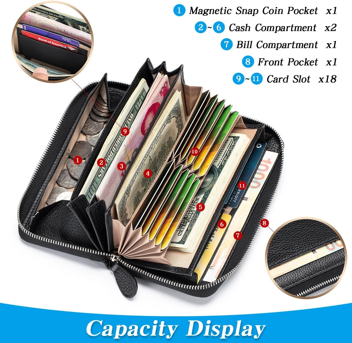 HOTWallets for Women RFID Blocking Real Leather Extra Long Large Capacity Zipper Clutch Wallet with 18 Card Slots, Black