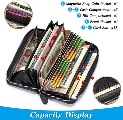 HOTWallets for Women RFID Blocking Real Leather Extra Long Large Capacity Zipper Clutch Wallet with 18 Card Slots, Black
