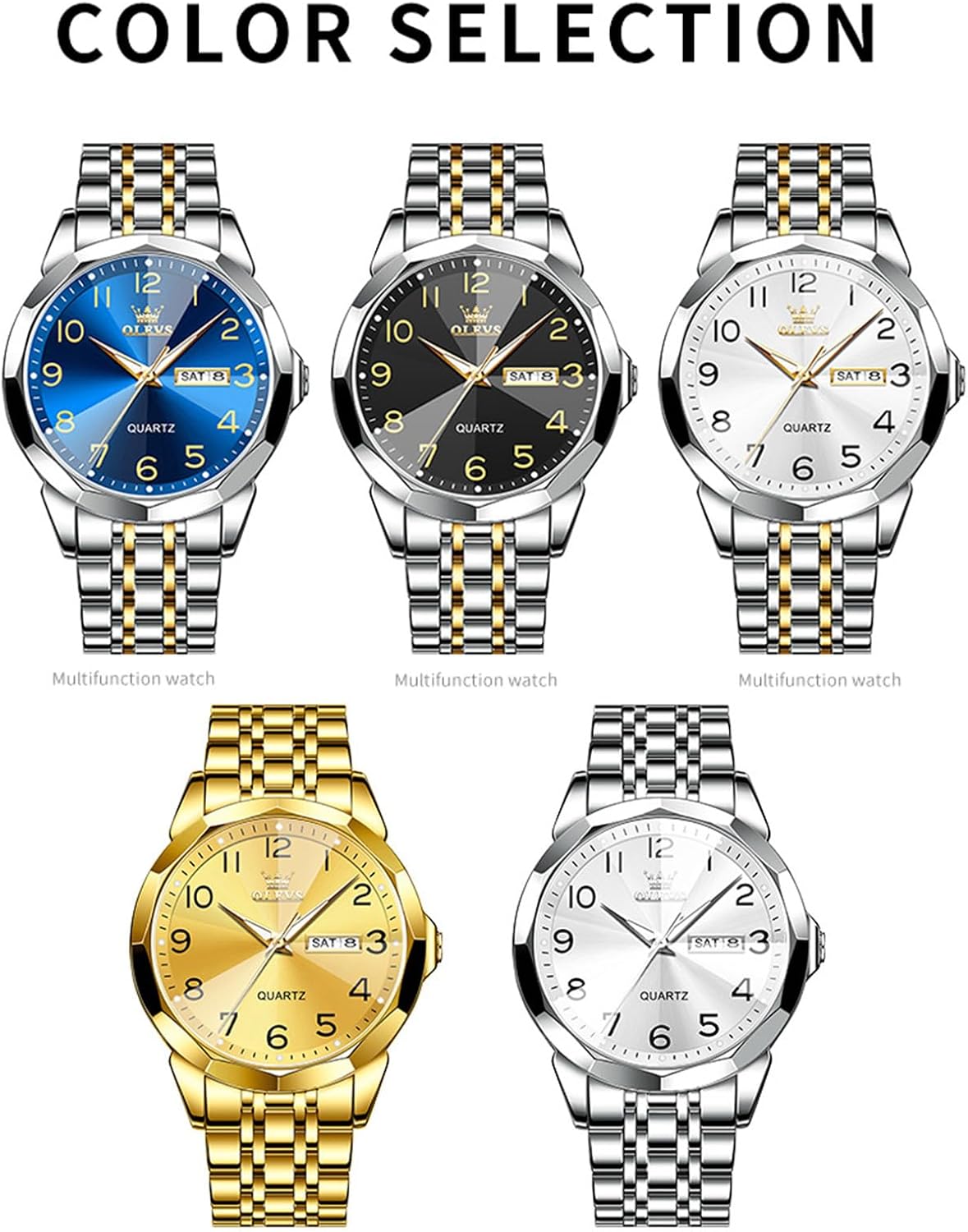 HOTOLEVS Men's Casual Stainless Steel Watch, Big Face Easy to Read Analog Quartz Watch with Day and Date, Classic Waterproof Diamond Roman Arabic Numeral Dial Dress Watch for Men, Gold Silver Black Band