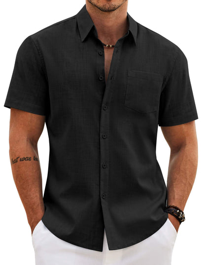 HOTCOOFANDY Men's Button Down Short Sleeve Shirt Casual Cotton Summer Beach Wedding Linen Shirts with Pocket