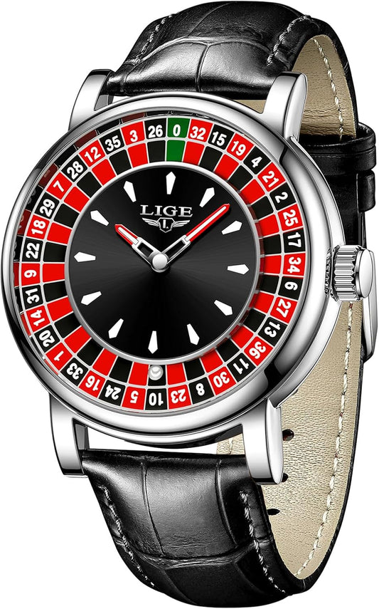 HOTMens Watches,Unique Roulette Style Quartz Analog Watch,45MM Big Face Alloy Waterproof Glowing Watch for Men,Exquisite and Durable Leather Strap,Casual Fashionable Men's Wrist Watches