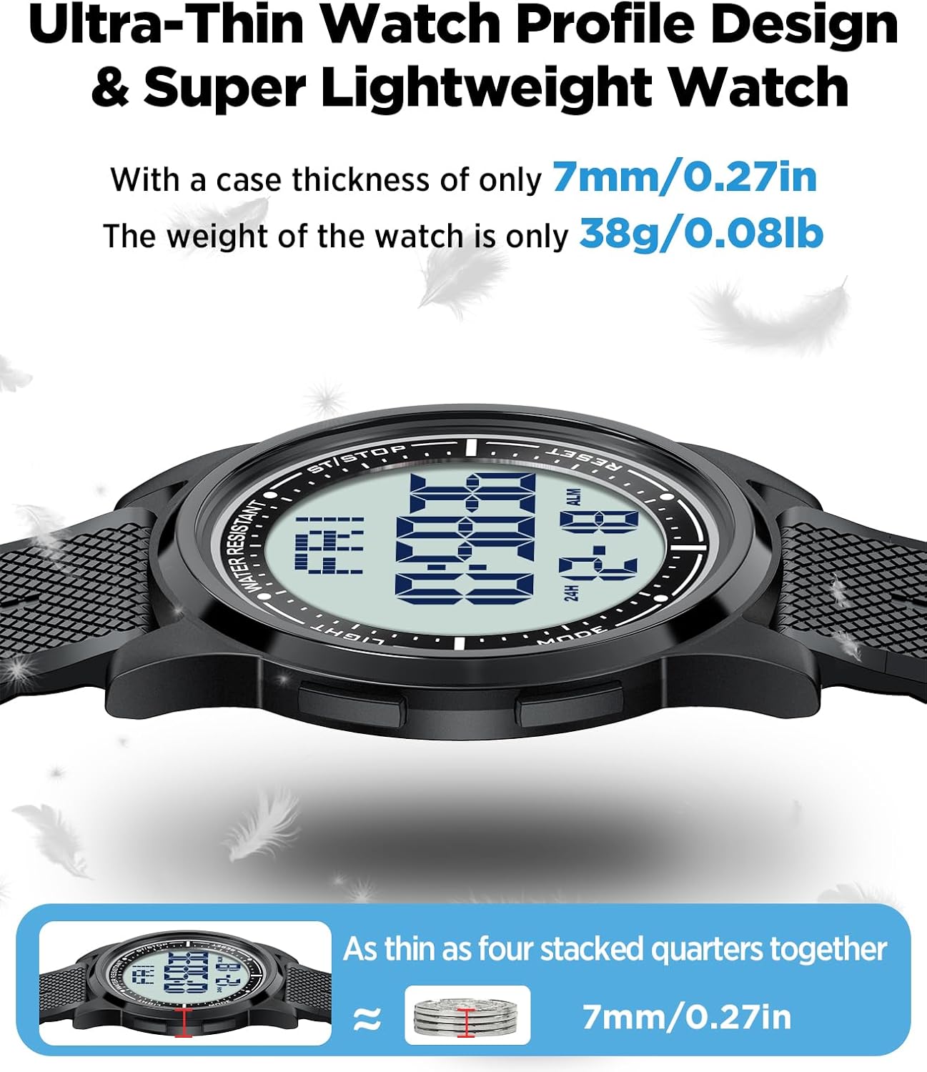 HOTBeeasy Digital Watch for Men Women, 50M Waterproof, Ultra-Thin & Lightweight, 44mm Silicone Sports Watch with Alarm, Stopwatch, Countdown, Ideal for Gym, Running, School, Daily Wear
