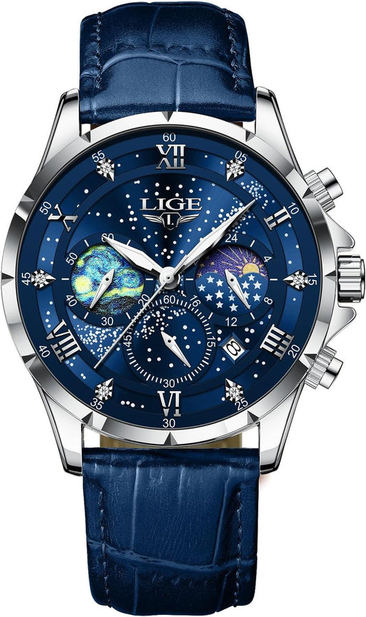 HOTLIGE Waterproof Watches for Men Analog Dress Water Proof Chronograph Work Casual Leather Water-Resistant Lunar Phase Display Quartz Wristwatch with Date & Luminous Men's Wrist Watch