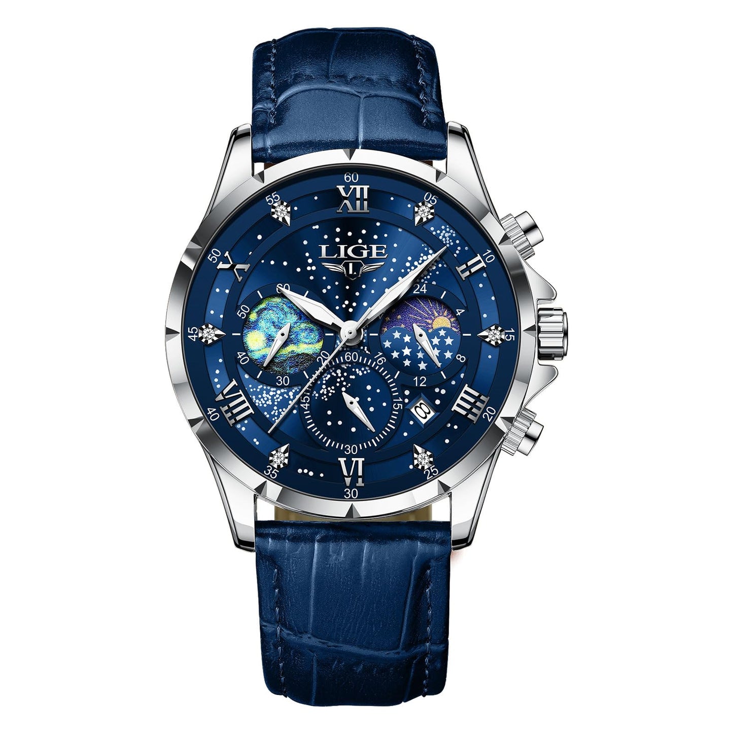 HOTLIGE Waterproof Watches for Men Analog Dress Water Proof Chronograph Work Casual Leather Water-Resistant Lunar Phase Display Quartz Wristwatch with Date & Luminous Men's Wrist Watch