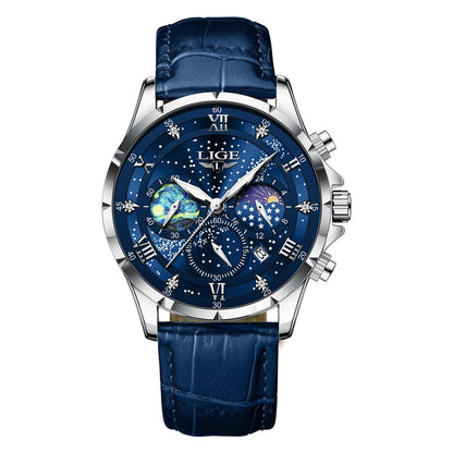 HOTLIGE Waterproof Watches for Men Analog Dress Water Proof Chronograph Work Casual Leather Water-Resistant Lunar Phase Display Quartz Wristwatch with Date & Luminous Men's Wrist Watch