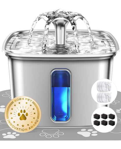 HOTVeken Innovation Award Winner Stainless Steel Cat Water Fountain, 108oz/3.2L Automatic Pet Fountain Dog Water Dispenser with 3 Replacement Filters & Silicone Mat, Gifts for Cats, Dogs (Silver)