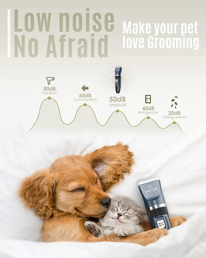 HOToneisall Dog Clippers Low Noise Grooming Kit for Dogs Cats Pets | Cordless & Long Battery Life, Simple for Beginners, 6 Guide Combs, Removable & Rinsable Blade