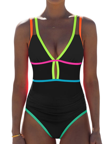 HOTpopvil Women One Piece Swimsuit 2026 Neon Tummy Control Bathing Suit | Tummy Ruched Design, Color Block, Cutout Design, Deep V Neck, Back tie,Adjustable Straps, Neon Trim,Vacation,Beach