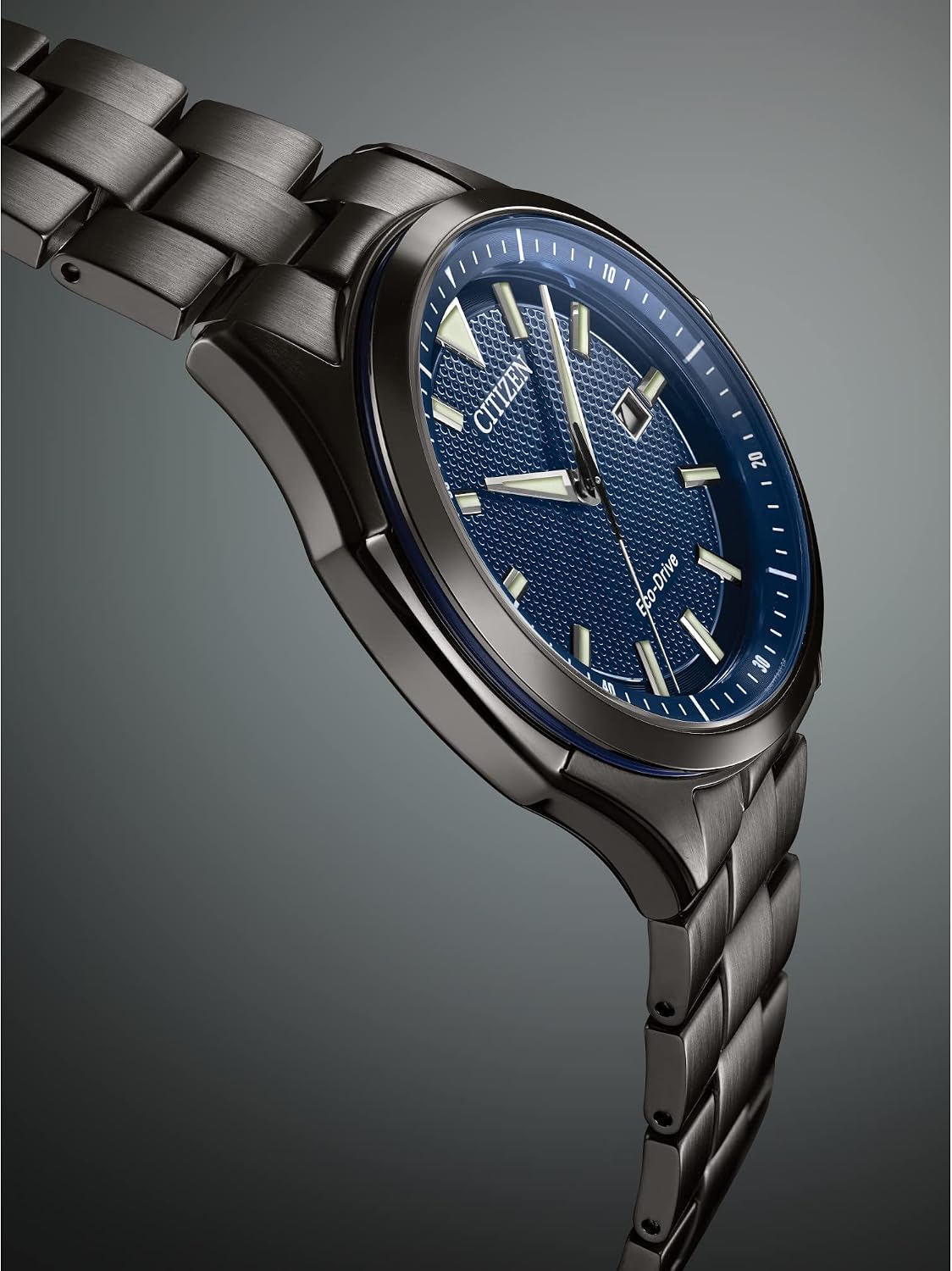 HOTCitizen Men's Eco-Drive Weekender 3-Hand Date Watch in Black IP Stainless Steel, Blue Dial (Model: AW1147-52L)