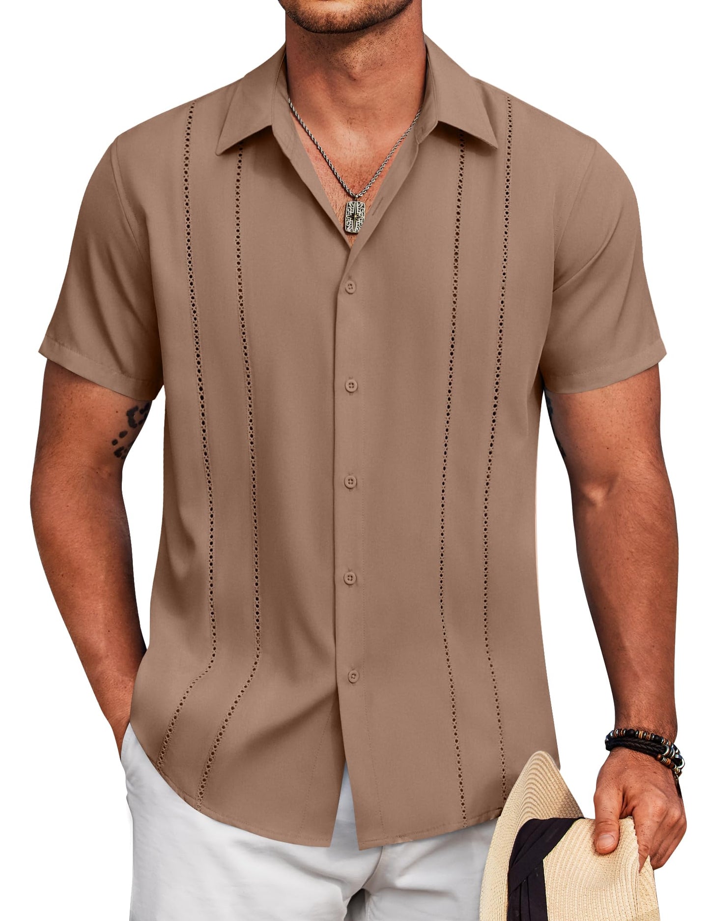 HOTCOOFANDY Mens Cuban Guayabera Shirt Short Sleeve Button Down Shirts Summer Beach Vacation Shirts