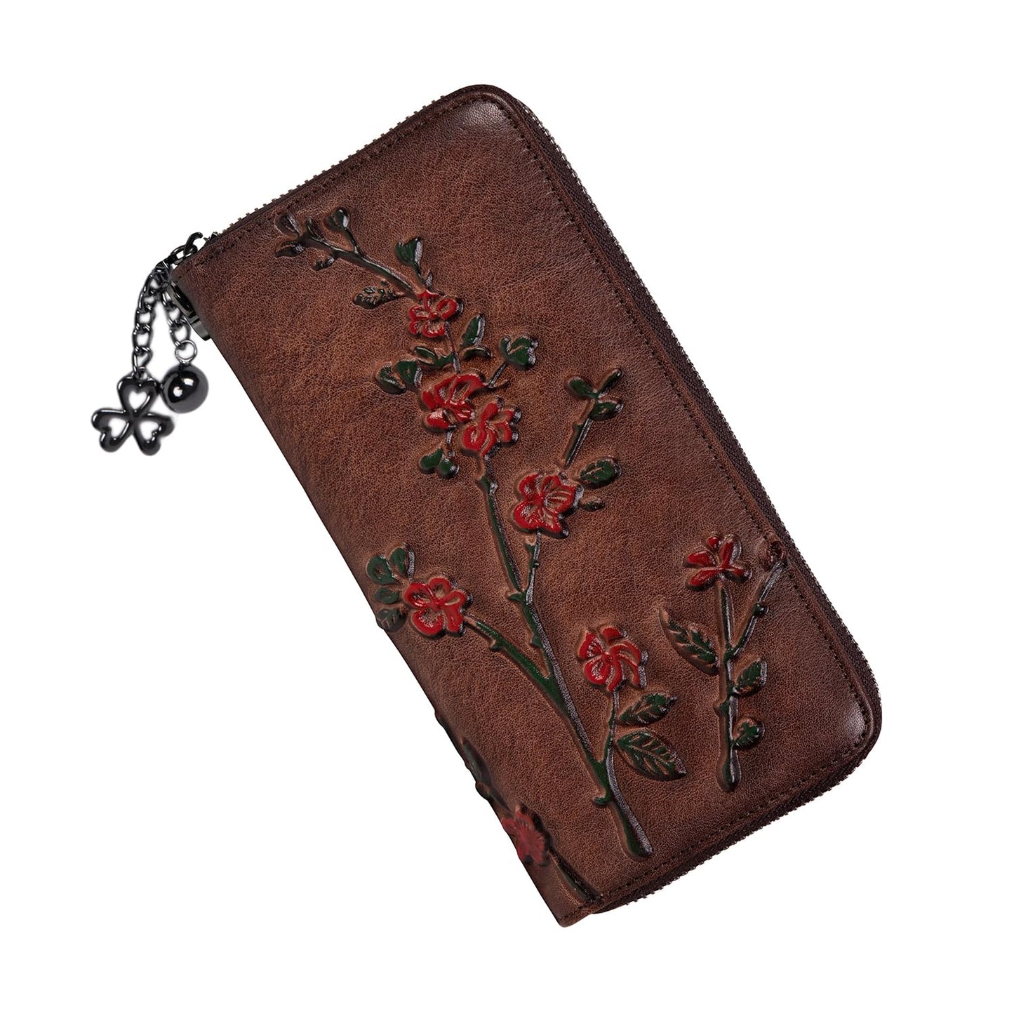 HOTWallet Genuine Leather for Women - with RFID Blocking Card checkbook ID Slot Large Capacity Vintage style (flower brown)