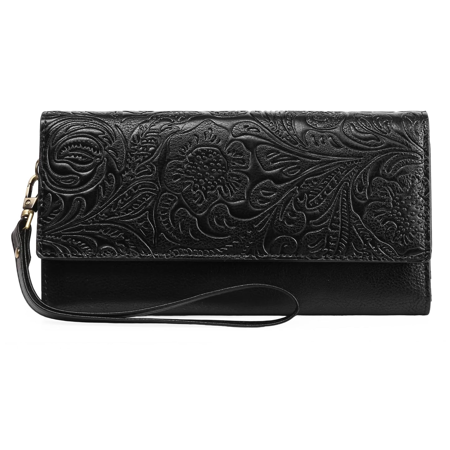 HOTGOIACII Leather Wallets for Women RFID Blocking Western Clutch Brown | Embossed Design, Trifold, Large Billfolds, Vintage Flower, Ladies Purses with Zipper Coin Pocket