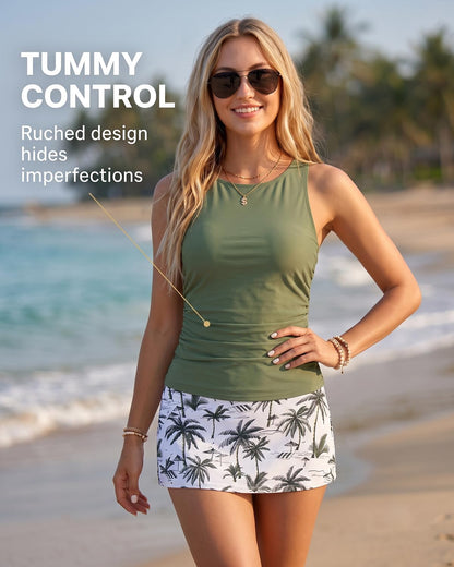 HOTDaci Womens Tankini Swimsuits with Skirt Tummy Control Swimwear | High Neck, Ruched Detail, Full Coverage, Removable Pads, High Waisted Skirt, Soft Built-in Brief, Beach and Resort
