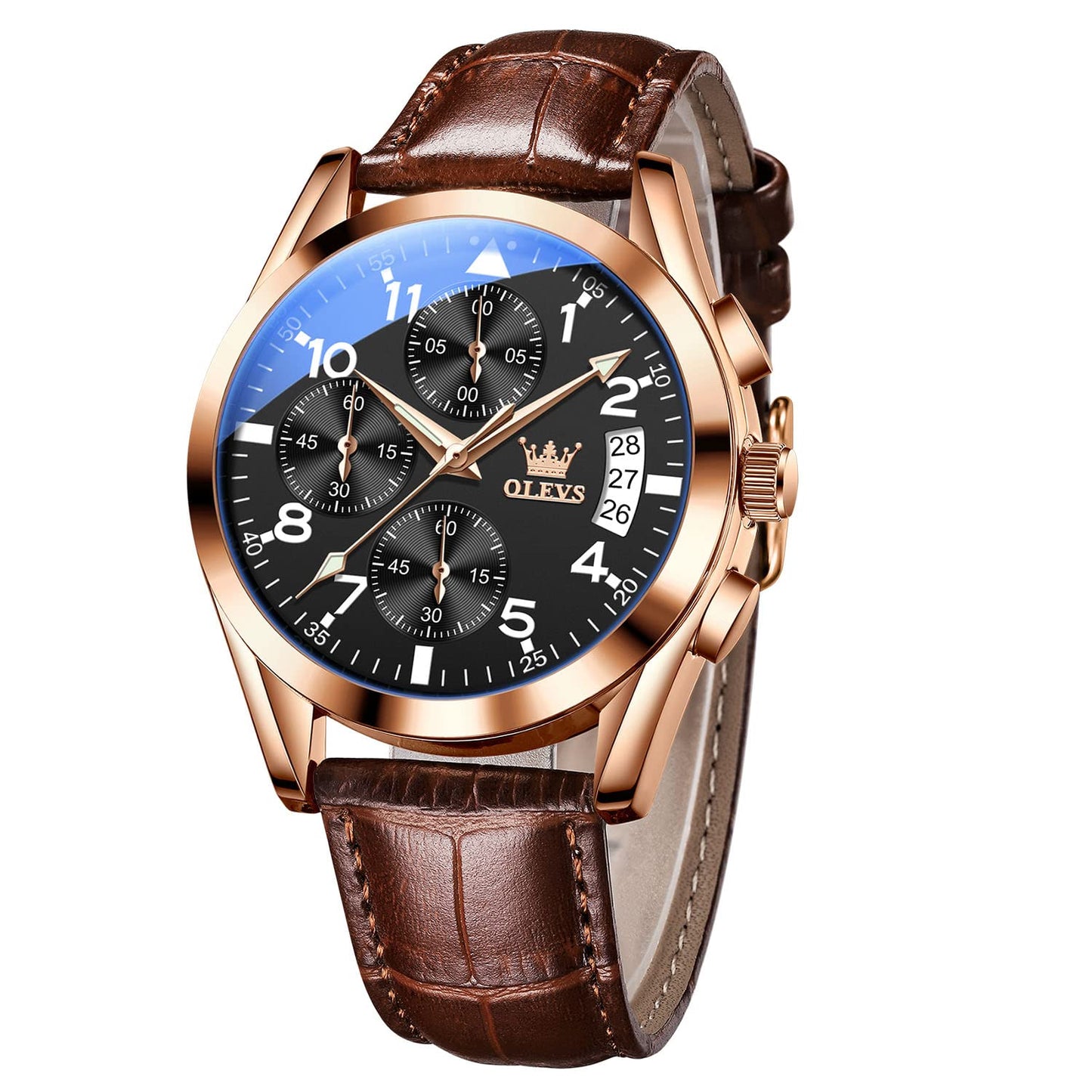 HOTOLEVS Men's Casual Leather Watch, Big Face Chronograph Watch for Men, Fashion Easy to Read Dress Watch, Men's Waterproof Luminous Date Analog Watch, Gold/Black/White/Blue Dial