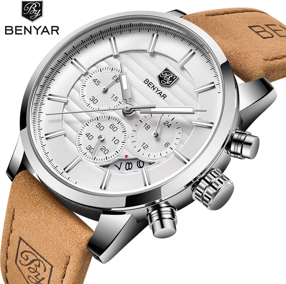 HOTBENYAR Quartz Chronograph Waterproof Watches Business and Sport Design Leather Band Strap Wrist Watch for Men