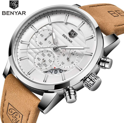 HOTBENYAR Quartz Chronograph Waterproof Watches Business and Sport Design Leather Band Strap Wrist Watch for Men