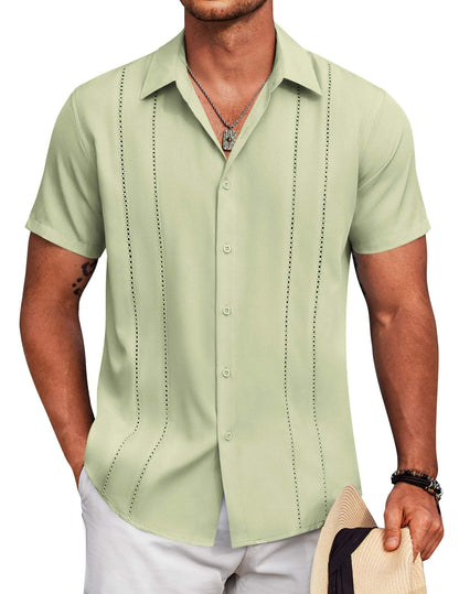 HOTCOOFANDY Mens Cuban Guayabera Shirt Short Sleeve Button Down Shirts Summer Beach Vacation Shirts