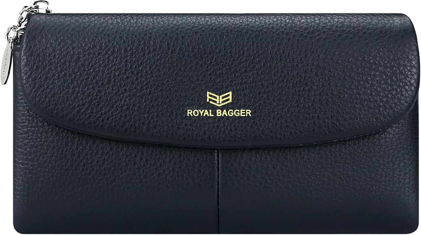HOTRoyal Bagger Women’s RFID Blocking Long Wallet – Genuine Cow Leather Trifold Purse with Multi-Card Slots & Magnetic Closure 5063 (Black)
