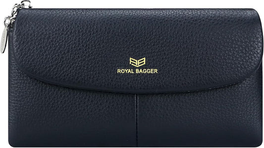 HOTRoyal Bagger Women’s RFID Blocking Long Wallet – Genuine Cow Leather Trifold Purse with Multi-Card Slots & Magnetic Closure 5063 (Black)