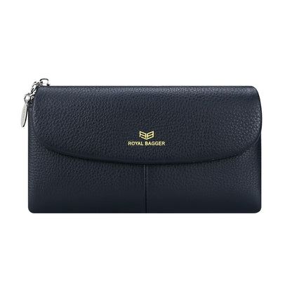 HOTRoyal Bagger Women’s RFID Blocking Long Wallet – Genuine Cow Leather Trifold Purse with Multi-Card Slots & Magnetic Closure 5063 (Black)