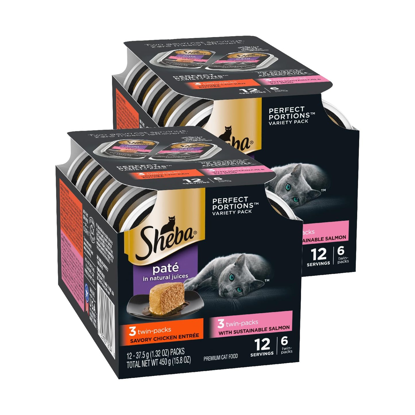 HOTSheba Perfect Portions Pate Wet Cat Food, Seafood Variety, 2.6 oz, 24 ct | Grain-free, made in USA, Sustainable Salmon, Signature Seafood & Whitefish Tuna, no artificial flavors, twin-pack trays