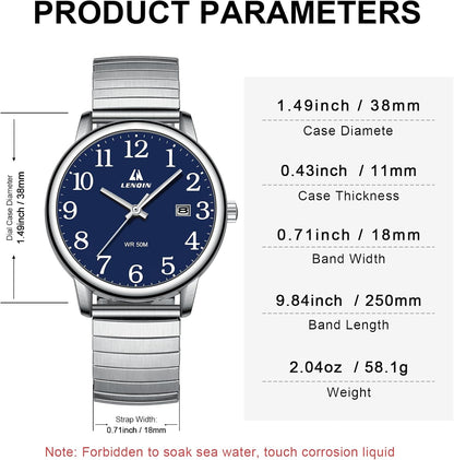 HOTLN LENQIN Mens Watches Stainless Steel Analog Quartz Watch for Men Easy Reader 38 mm Fashion Business Waterproof Men's Wrist Watches with Date and Expansion Band