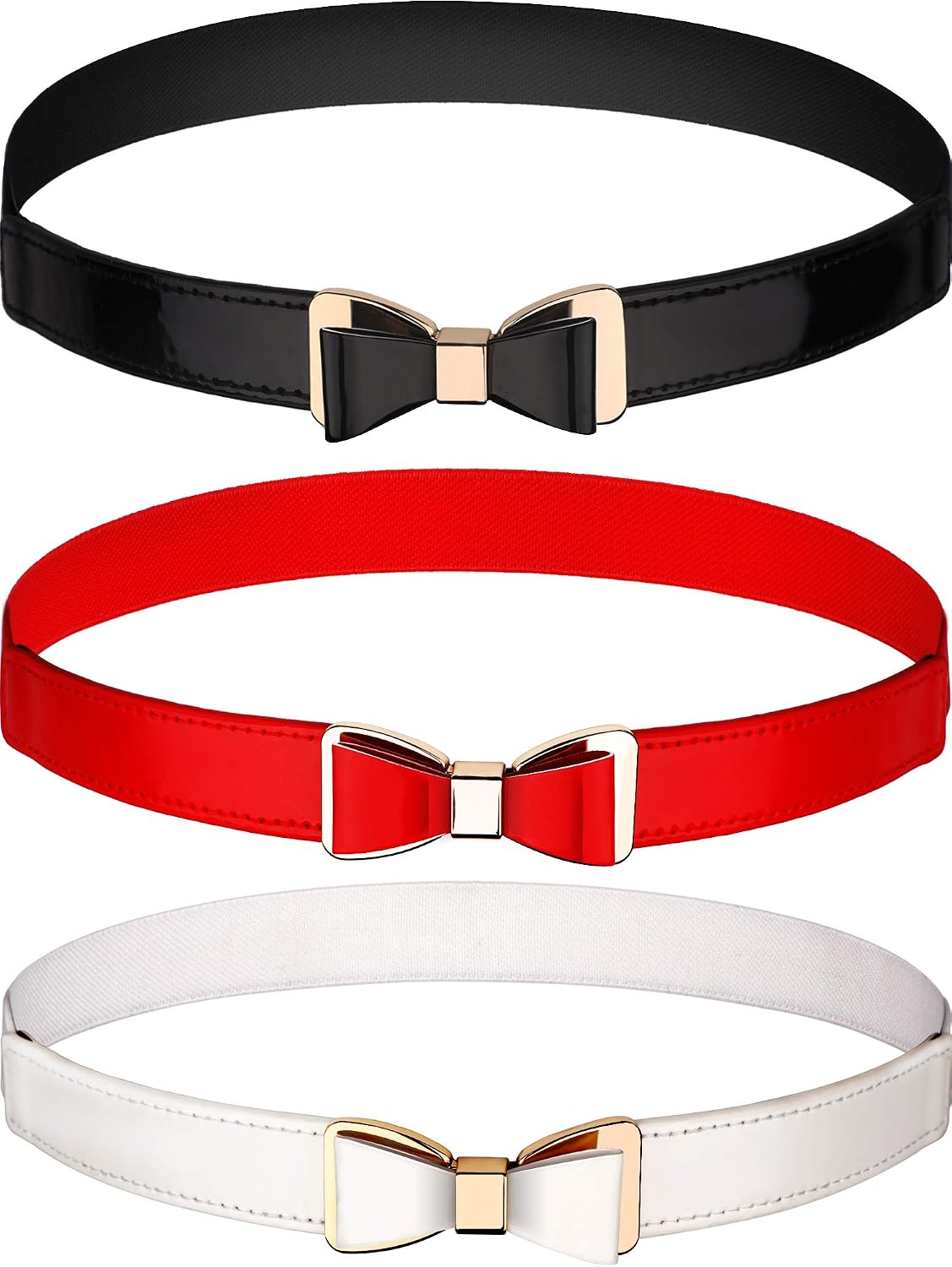 HOTTatuo 3 Pieces Women Skinny Waist Belt Red Black and White Thin Stretchy Bow Belt for Valentine's Day(Red, Black and White)