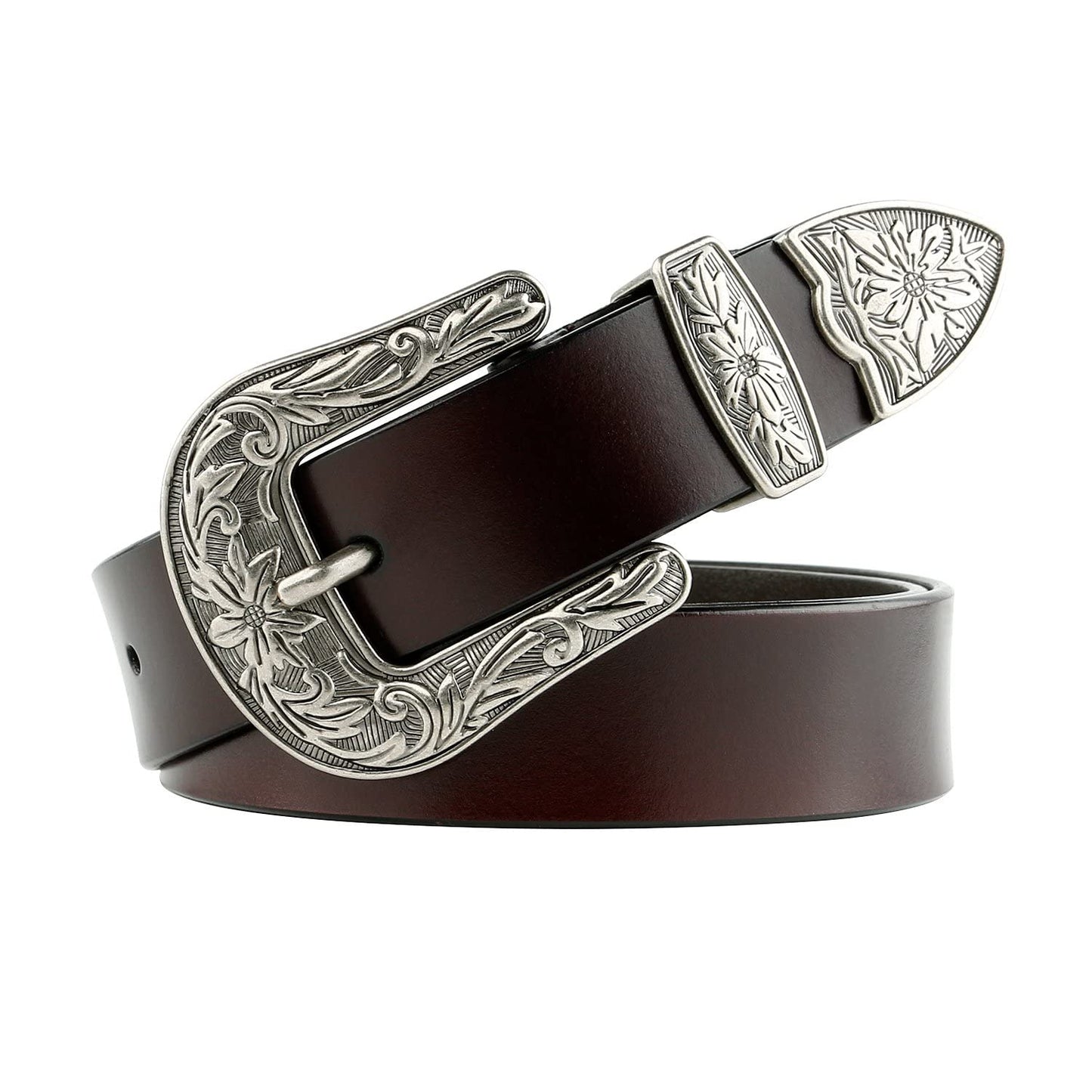 HOTJASGOOD Women Leather Belts Ladies Vintage Western Design Black Waist Belt for Pants Jeans Dresses
