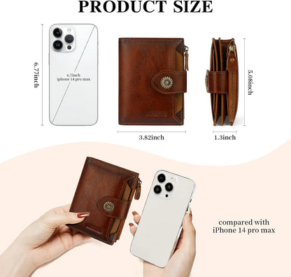 HOTRFID Wallet Women,Bifold Leather Womens Wallet,Compact Designer Carteras Para Mujer Card Holder with Removable ID Window(darkbrown)