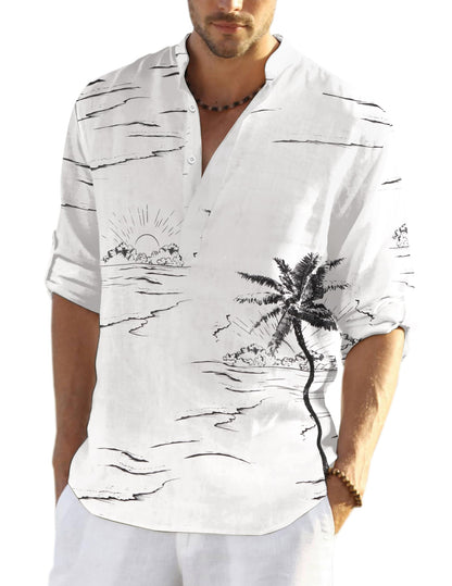 HOTCOOFANDY Men's Cotton Linen Henley T-Shirt Long Sleeve Hippie Casual Beach T-Shirts