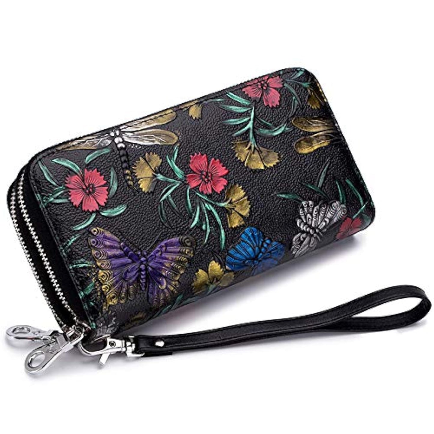 HOTGOIACII Women's Wallet Large Capacity Double Zip Ladies Card Phone Holder RFID Blocking Wristlet Leather