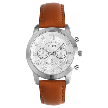 HOTBUREI Men's Leather Watches Chronograph Quartz Watches for Men Classic Cool Lightweight Wristwatch,Gift for Dad Husband Boyfriend