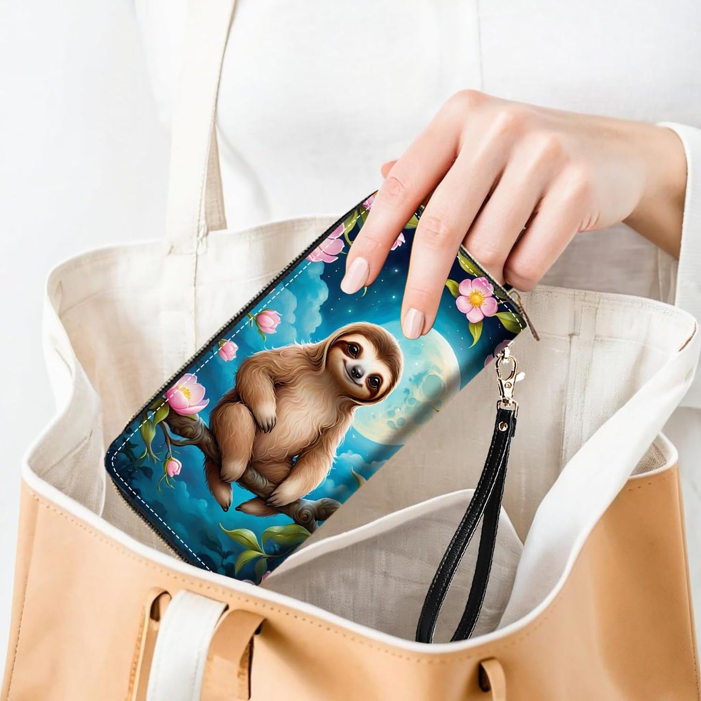HOTCute Sloth Print Women Large Capacity PU Leather Zip Around Wallet, Multifunctional Clutch Purse for Cash/Card/Coin/Smart Phone