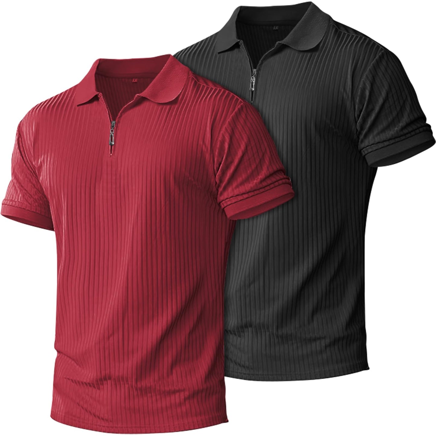 HOTplop 2 Pack Mens 1/4 Zipper Muscle Polo Shirts Slim Fit Collared Shirt Short Sleeve Ribbed Knit Fitted Casual Athletic Tee