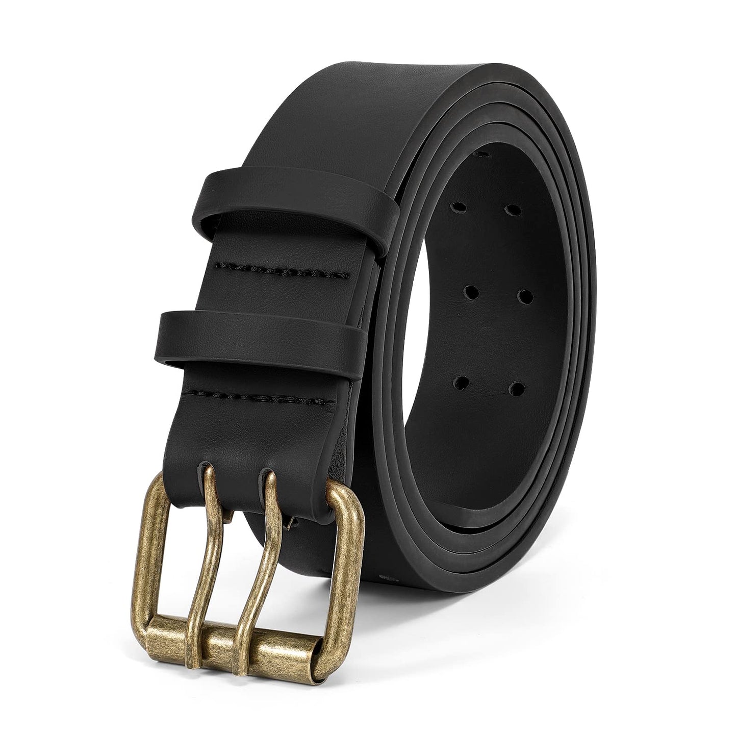 HOTJASGOOD Men Double Prong PU Leather Belt Casual Work Heavy Duty Belt Double Grommet Holes Belt for Jeans