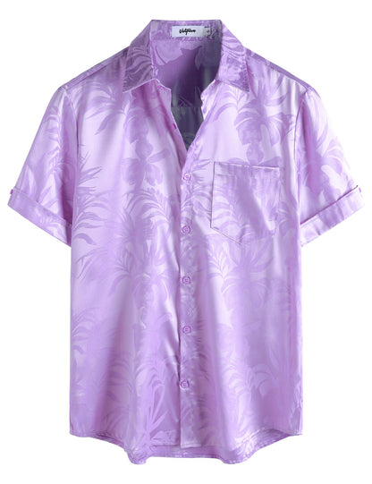 HOTVATPAVE Mens Silk Satin Hawaiian Shirt Short Sleeve Button Down Shirts | Hawaii, Summer, Beach, Vacation, Tropical, Resort Wear, Jacquard, Going Out, Rave, Cool, Club, Floral, Holiday, with Pocket