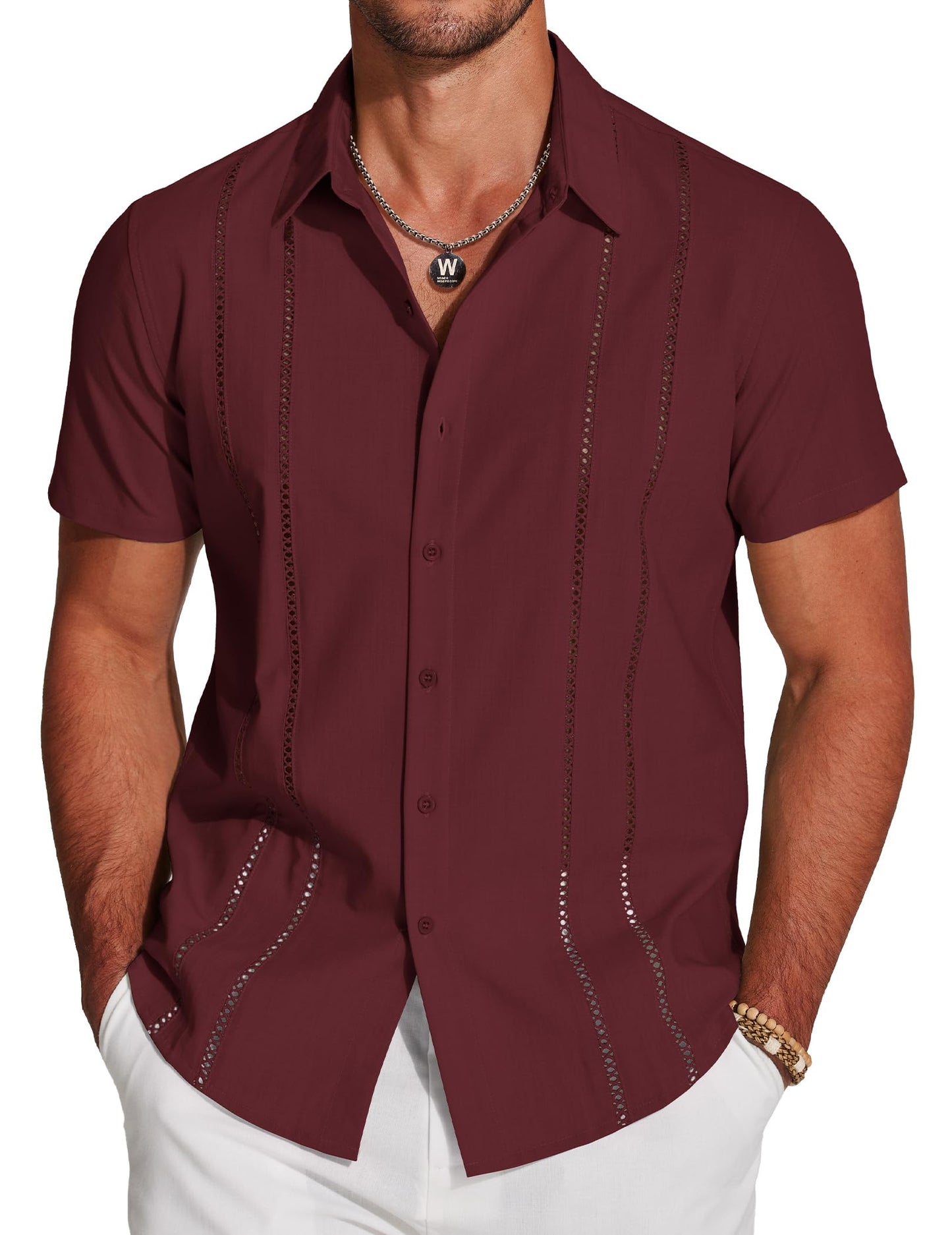 HOTCOOFANDY Men's Cuban Guayabera Shirt Short Sleeve Button Down Shirts Casual Summer Beach Linen Shirts