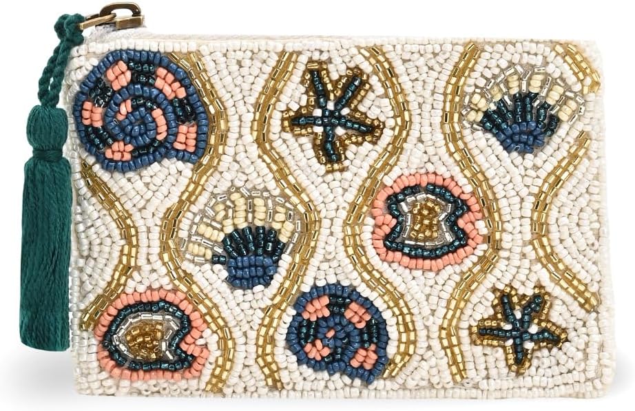 HOTAmerica & Beyond Coastal Shell Beaded Pouch, White, Starfish and Seashell Design, Tassel Zipper, 5 x 3.5 Inches