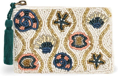 HOTAmerica & Beyond Coastal Shell Beaded Pouch, White, Starfish and Seashell Design, Tassel Zipper, 5 x 3.5 Inches