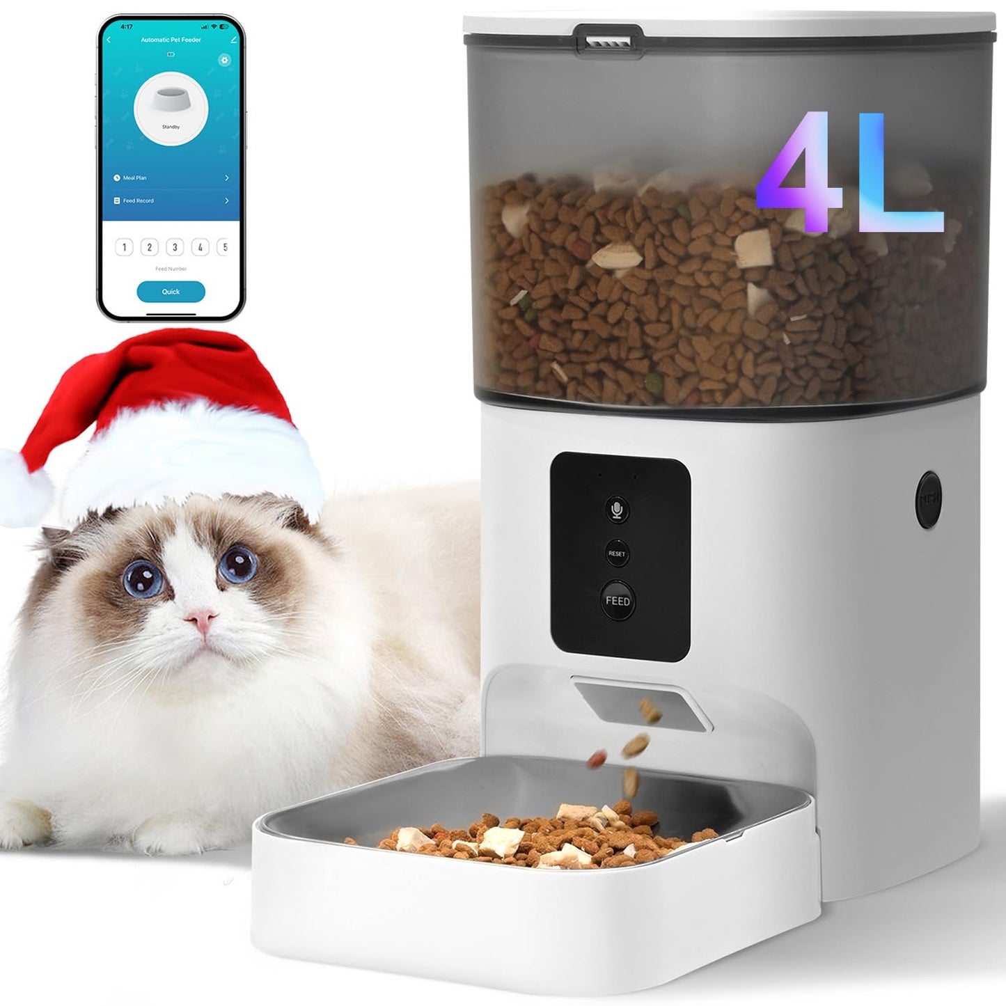 HOTANDOLL HOME Automatic Cat Feeder, 4L Cat Food Dispenser with 10s Voice Recorder, Pet Feeder up to 8 Meals per Day, Timed Dog Feeder with Dry Food Sealed Ring