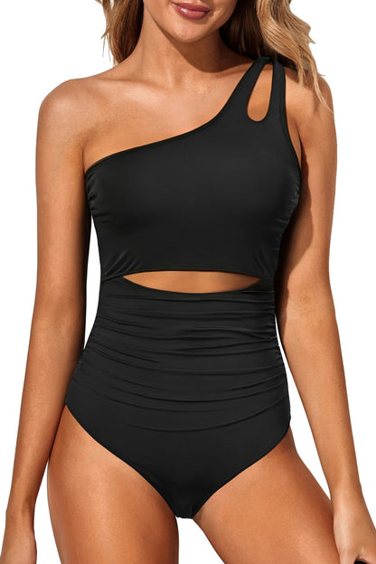 HOTWomen's One Shoulder One Piece Tummy Control Swimsuit Full Coverage | Keyhole Design, Full Coverage Fit, Modest Style, Ruched Waist, Adjustable Shoulder Strap, Removable Soft Cups