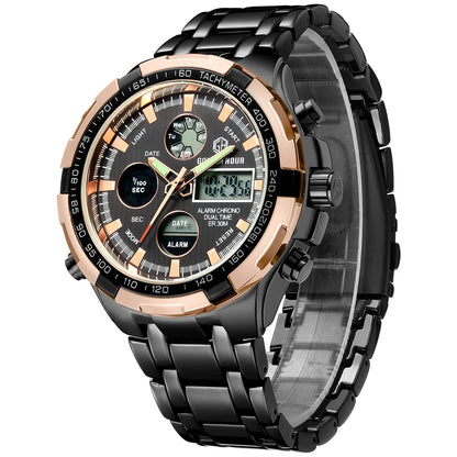 HOTGOLDEN HOUR Luxury Stainless Steel Analog Digital Watches for Men Male Outdoor Sport Waterproof Big Heavy Wristwatch