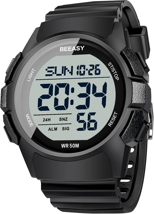 HOTBeeasy Mens Digital Sports Watch, 50M Waterproof 49mm Rubber Strap Mens Watches with Stopwatch, Countdown Timer, Alarm & Dual Time—Ideal for Sport, Gym, Running, Referee, School & Daily Wear