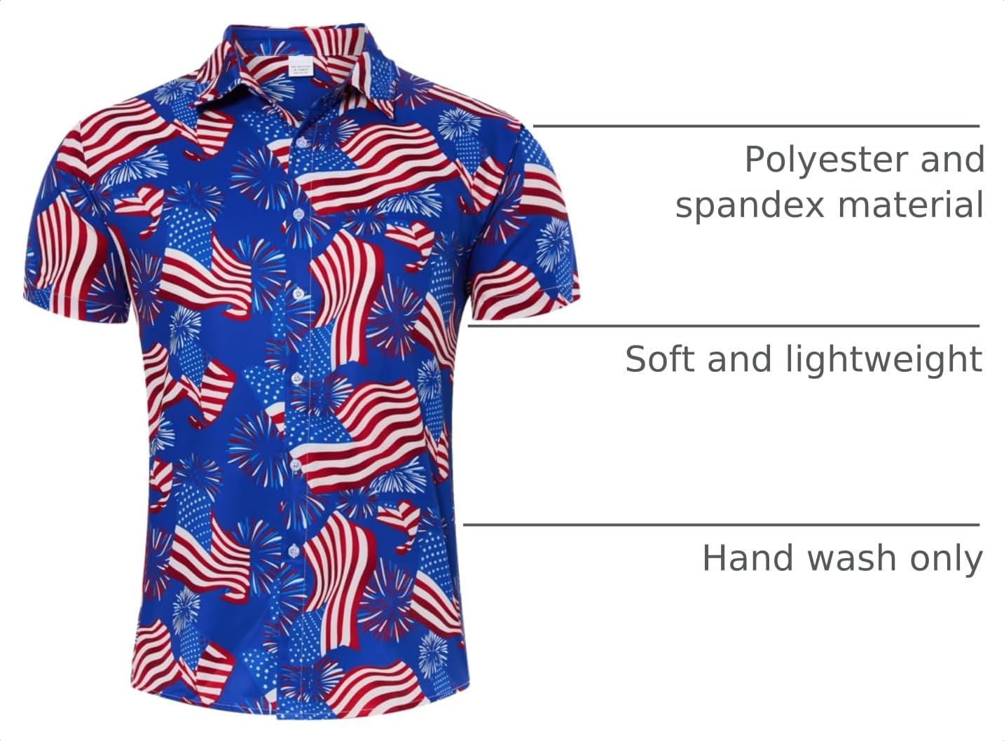 HOTuideazone Mens 4th of July American Flag Patriotic Shirt M-XXL | USA Short Sleeve Button Up Shirt for Independence Day, Memorial Days, Flag Day, 4th of July Parties, Beach Trips and Daily