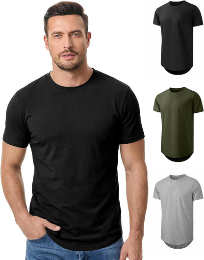 HOTJMIERR Mens 3 Pack Cotton Hipster Hip Hop Longline Crewneck T-Shirt