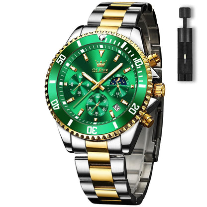 HOTOLEVS Men's Watches with Date, Premium Gold and Silver Stainless Steel Analog Watches for Men, Classic Rotatable Bezel Men's Cuff Watches, Blue/Green/Black Dial