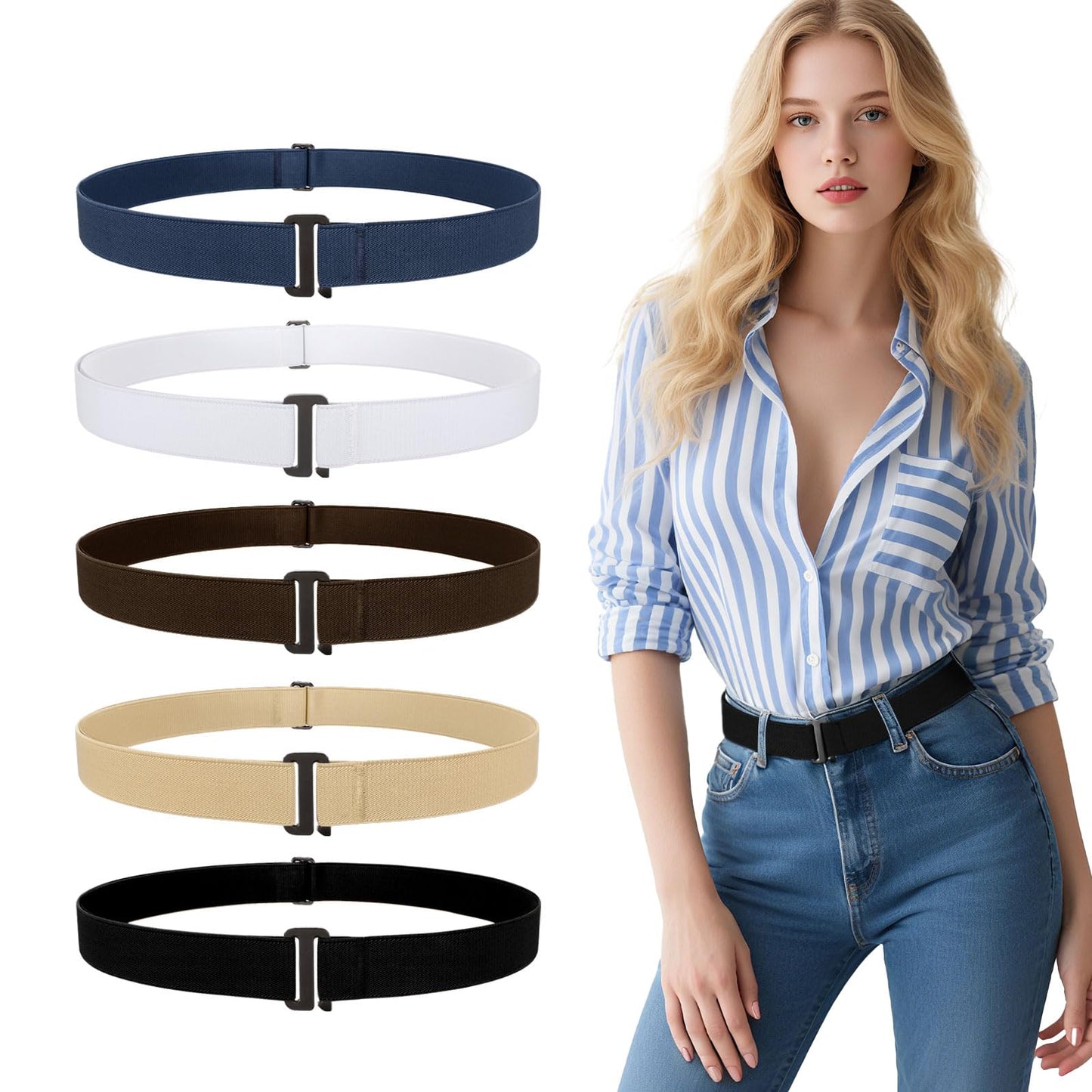 HOTJASGOOD 3/4/5/6 Pack No Show Stretch Belts for Women Invisible Elastic Belt for Jeans Pants Shirt Sweater Tuck Band